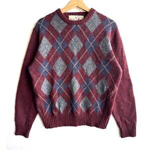VTG Highland Men’s L Shetland 100% Wool Maroon Argyle Sweater Knit Grandpa Core